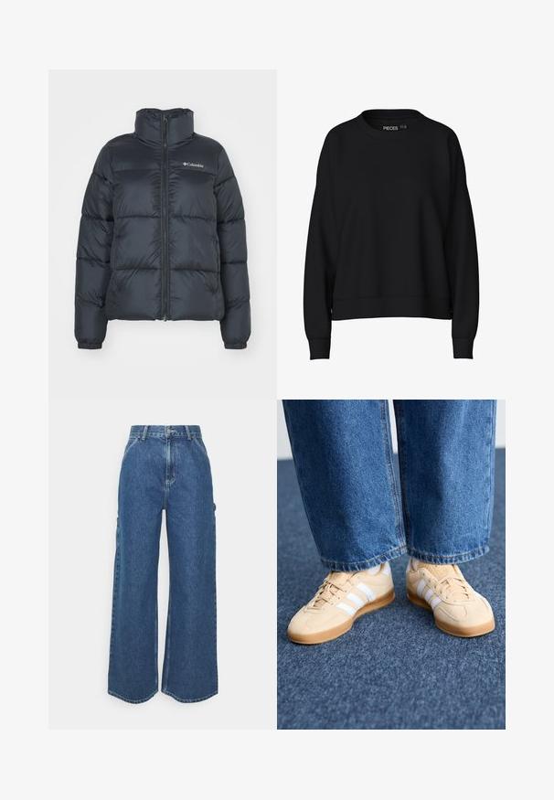 Fekete pufferszövet dzseki magas gallérral, cipzáros elülső zárással és elasztikus mandzsettagal. Jellemzője a vízszintes steppelt részek és a logó a mellen.; Fekete pulóver kerek nyakkivágással, ejtett vállakkal és bordás mandzsettákkal. Puha, sima anyagból készült. Egyszerű dizájn, minta nélkül.; Széles szárú, kék farmernadrág magas derékkal, kontrasztos varrással és oldalsó zsebekkel, klasszikus öt zsebes kialakítással és nyers szegéllyel.; Beige velúr sportcipők fehér csíkokkal, gumitalppal és kerek orral. Laák farmernadrággal párosítva, ami egyenes szárú és kék anyagú.