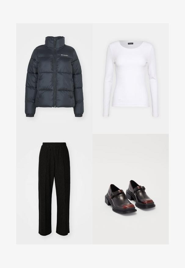 Jachetă puffer neagră cu guler înalt, închidere cu fermoar pe față și manșete elastice. Prezintă secțiuni verticale matlasate și un logo pe piept.; Top alb cu dungi, cu mânecă lungă și guler rotund. Fabricat dintr-un material elastic care se îmbină cu corpul. Are linii orizontale subtile.; Pantaloni negri, cu picioare largi, cu dungi verticale albe, având un brâu elastic pentru confort și o textură netedă, moale.; Pantofi cu toc pătrat din piele, cu o finisare lucioasă de burgundă închisă, având o curea cu cataramă și un design cu vârf rotund. Talpa texturată pentru aderență.