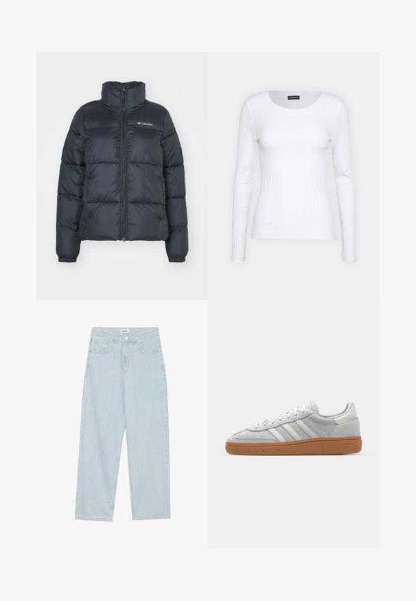 Zwarte pufferjack met een hoge kraag, ritssluiting aan de voorkant en elastische manchetten. Heeft horizontaal gestikte secties en een logo op de borst.; Witte geribbelde langemouwen top met een ronde halslijn. Gemaakt van een rekbare stof die het lichaam volgt. Heeft subtiele horizontale lijnen.; Lichtblauwe wijde spijkerbroek van denim, met een middellange taille, vijf zakken en een knoopsluiting met een slanke metalen accent.; Lichtgrijze suède sneaker met witte leren accenten, drie witte strepen en een bruine rubberen zool, met een gewatteerde kraag voor comfort.