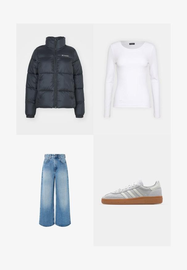 Sort dunjakke med høj krave, lynlås foran og elastiske manchetter. Har vandret quiltede sektioner og et logo på brystet.; Hvid ribbet langærmet trøje med rund halsudskæring. Fremstillet af et strækstof, der sidder tæt til kroppen. Har subtile horisontale linjer.; Lyseblå vidde jeans lavet af denim, med høj talje, knaplukning og subtil falmning med rene kantkanter.; Lys grå ruskinds sneaker med hvide læderdetaljer, tre hvide striber og en brun gummisål, der har en polstret krave for komfort.