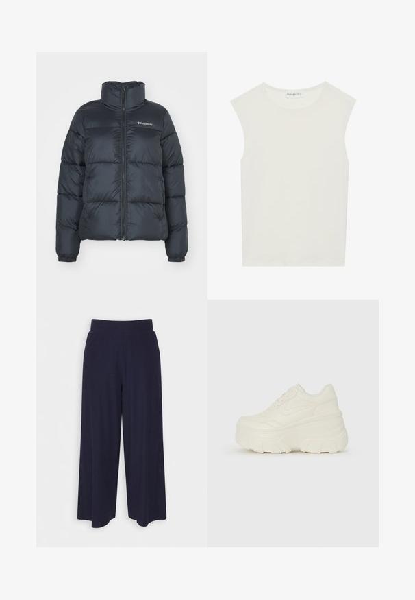 Jachetă puffer neagră cu guler înalt, închidere cu fermoar pe față și manșete elastice. Prezintă secțiuni verticale matlasate și un logo pe piept.; Top alb fără mâneci, cu decolteu rotund. Fabricat dintr-un material neted, prezintă o croială lejeră și un design minimalist. Fără modele sau accente.; Pantaloni cu croi larg din țesătură de culoare bleumarin închis, cu un model texturat. Prezintă un brâu neted și o siluetă fluidă, ajungând până la jumătatea gambei.; Adidași platformă albi, cu un superior neted asemănător cu pielea, formă rotunjită, guler căptușit și talpă din cauciuc texturată cu borduri bine definite.