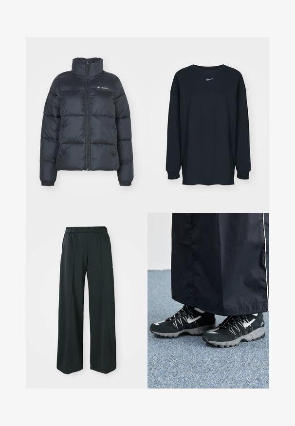 Mustapufferitakki korkean kauluksen, vetoketjullisen etuosan ja elastisten hihansuiden kanssa. Sisältää vaakasuorat tikkaukset ja logon rinnassa.; Mustapaita, jossa on pitkät hihat ja pyöreä kaula-aukko, valmistettu puuvillasta. Rinnassa valkoinen Nike-logo. Pehmeä rakenne, yksinkertainen muotoilu.; Mustat, leveälahkeiset urheiluhousut, joissa on joustava vyötärö. Valmistettu sileästä, joustavasta kankaasta, jossa on huomaamattomat etusaumat ja ei taskuja.; Mustat urheilukengät, joissa on teksturoitu päällinen, hopeiset yksityiskohdat ja kuvioitu ulkopohja, yhdistettynä mustaan pitkään vaatteeseen. Taustalla sininen matto.