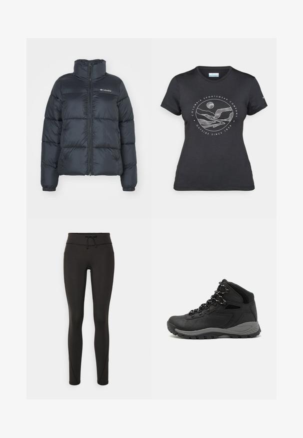 Doudoune noire avec col haut, fermeture éclair à l'avant et poignets élastiques. Présente des sections matelassées horizontales et un logo sur la poitrine.; T-shirt noir Columbia avec un dessin linéaire blanc de montagne et de rivière en cercle et le texte "Columbia Sportswear Company À l'extérieur depuis 1938."; Leggings noirs avec une taille haute, cordon de serrage, texture lisse et design ajusté. Caractéristiques de détails de couture le long des côtés.; Botte de randonnée noire au design mi-haut, avec un dessus texturé, des accents gris et une semelle en caoutchouc durable avec des crampons de traction.