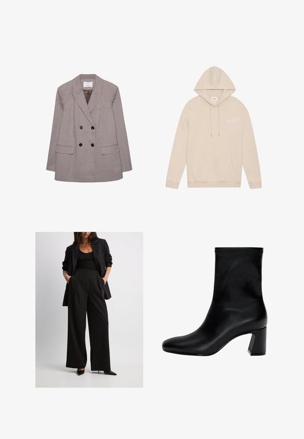 Blazer croisé en motif check marron et crème, avec de grands boutons noirs et des revers à pointes. Deux poches avant incluses.; Sweat à capuche beige avec poche avant et cordons, comportant un petit texte en cursive blanche sur la zone gauche de la poitrine.; T-shirt blanc à manches courtes en coton, avec un col rond et une coupe décontractée, sans motifs ni graphismes visibles.; Blazer noir ajusté associé à un pantalon large noir, avec des plis et des poches latérales. Modèle portant des talons aiguilles noirs.; Botte noire à la cheville en cuir lisse. Possède un bout carré, un haut élastiqué et un talon épais pour la stabilité. Design minimaliste.