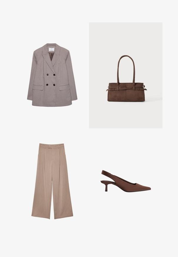 Blazer croisé en motif check marron et crème, avec de grands boutons noirs et des revers à pointes. Deux poches avant incluses.; Haut blanc à manches longues avec un col bateau. Fabriqué en matériau doux, il présente des manches évasées et un ourlet droit, offrant un design simple et polyvalent.; Pantalons beige à jambes larges avec des rayures verticales, taille haute et une texture lisse, conçus avec une coupe ajustée et une finition soignée.; Chaussure à talon slingback marron avec un bout pointu, texture lisse, talon moyen élancé et design minimaliste.; Sac à main en daim marron avec deux poignées solides, de forme rectangulaire et un détail de sangle décoratif sur le devant.