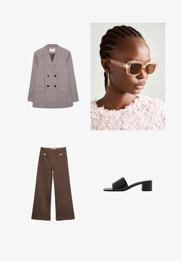 Double-breasted blazer in a brown and cream check pattern, featuring large black buttons and notched lapels. Two front pockets included.; Brown short-sleeve t-shirt made of soft fabric, with a round neckline and relaxed fit. No visible patterns or accents.; Brown wide-leg trousers made of cotton, featuring two front pockets with silver buttons, and a smooth texture.; Black leather open-toe slide sandal with a wide strap and a solid block heel. Features a smooth texture and minimal design.; Beige oversized sunglasses with a clear frame and brown tinted lenses, featuring subtle floral accents and bold, geometric design.; Brown leather tote bag with a smooth texture, open top design, and two shoulder straps. Features minimal stitching and no visible hardware.