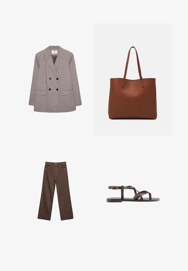 Blazer croisé en motif check marron et crème, avec de grands boutons noirs et des revers à pointes. Deux poches avant incluses.; T-shirt blanc à manches courtes en coton. Doté d'un col ras du cou et d'une coupe décontractée. Texture lisse sans motifs ni accents visibles.; Jean brown à jambes larges en denim, doté d'une taille haute, de poches avant et d'une fermeture à bouton classique. Texture lisse avec des coutures subtiles.; Sandale en cuir marron avec des brides entrecroisées, une fermeture à boucle à la cheville et une semelle plate avec des détails de couture minimaux.; Sac fourre-tout en cuir marron avec une texture lisse, design à ouverture supérieure et deux poignées pour le porter à l'épaule. Présente des coutures minimales et aucun matériel visible.