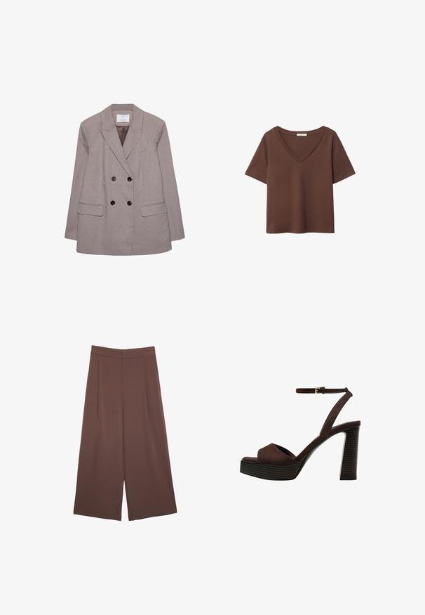 Double-breasted blazer in a brown and cream check pattern, featuring large black buttons and notched lapels. Two front pockets included.; Brown cotton t-shirt with short sleeves and a deep V-neck. Simple design, soft texture, and straight hemline. No patterns or accents.; Brown wide-leg trousers with a smooth texture, featuring a high waist and front pleats. The fabric is lightweight and flows loosely.; Brown suede high-heeled sandal with an open toe, adjustable ankle strap, and a striped platform sole.