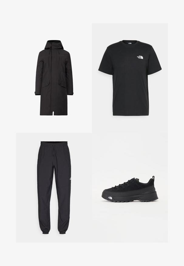 Parka impermeável preta com capuz, corte reto, dois bolsos frontais e cordões ajustáveis no decote e na bainha.; T-shirt de algodão preto com mangas curtas, decote redondo e um pequeno logótipo branco no lado esquerdo do peito. Design simples, textura suave e corte relaxado.; Calças atléticas pretas feitas de tecido leve, com um cós ajustável por cordão, bolsos laterais e punhos afunilados nos tornozelos.; Sapatilha de exterior preta com parte superior em camurça, sola de borracha texturizada e sistema de atacadores robusto. Apresenta um calcanhar reforçado e o logótipo da marca na lateral.