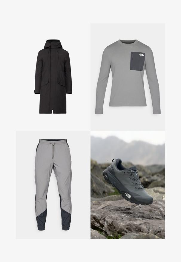 Juoda neperšlampama parka su gaubtu, tiesaus kirpimo, dviem priekinėmis kišenėmis ir reguliuojamais raišteliais ties kaklu ir apačioje.; Ilgų rankovių pilkas marškinis su tekstūruota medžiaga, kuris turi tamsiai pilką krūtinės kišenę ir užtrauktuką. Kišenėje baltas logotipas.; Lengvas, pilkos sportinės kelnės su juodais akcentais. Elastingas juosmuo, raišteliu užsegimas, siaurėjantis kojų dizainas ir šoninės kišenės.; Pilkas bėgimo batelis su tekstūruota viršutine dalimi, tvirtu guminio pado ir sustiprinta nosimi. Turi raištelius ir prekės ženklo logotipą šone.