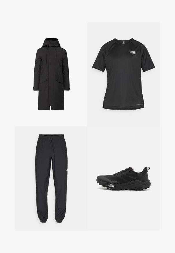 Čierna nepremokavá parka s kapucňou, so strihom na rovno, dvoma prednými vreckami a nastaviteľnými šnúrkami na krku a spodnom leme.; Čierne športové tričko s krátkym rukávom z texturovanej látky, s bielym logom na ľavej hrudi a rovným lemom.; Čierne športové nohavice vyrobené z ľahkej tkaniny, s elastickým pásom na šnurovanie, bočnými vreckami a zúženými manžetami na členkoch.; Čierne trailové behacie topánky s štruktúrovaným zvrškom, gumovou podrážkou a vystuženou špičkou. Obsahuje polstrovaný golier a úchyt na jednoduché obúvanie.