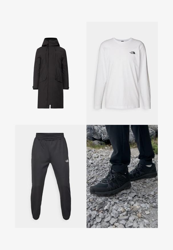 Black waterproof parka with a hood, featuring a straight cut, two front pockets, and adjustable drawstrings at the neckline and hem.; White long-sleeve T-shirt made of cotton with a crew neck. Features a small black logo on the chest. Smooth texture, regular fit.; Black sweatpants with a drawstring waist, tapered fit, elastic cuffs, and a small white logo on the left thigh, made from smooth fabric.; Black outdoor shoes with mesh and synthetic material, featuring a textured upper, secured lacing system, and a rugged outsole, on rocky terrain.