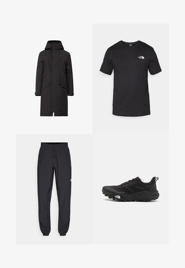 Čierna nepremokavá parka s kapucňou, so strihom na rovno, dvoma prednými vreckami a nastaviteľnými šnúrkami na krku a spodnom leme.; Čierne tričko s krátkym rukávom vyrobené z bavlny, s okrúhlym výstrihom a malým bielym logom na hornej ľavej strane hrude.; Čierne športové nohavice vyrobené z ľahkej tkaniny, s elastickým pásom na šnurovanie, bočnými vreckami a zúženými manžetami na členkoch.; Čierne trailové behacie topánky s štruktúrovaným zvrškom, gumovou podrážkou a vystuženou špičkou. Obsahuje polstrovaný golier a úchyt na jednoduché obúvanie.
