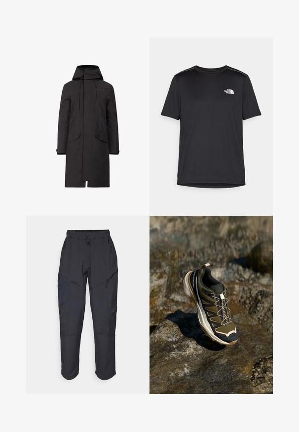 Parka neagră impermeabilă cu glugă, cu croială dreaptă, două buzunare frontale și șnururi ajustabile la decolteu și tiv.; Tricou negru cu mânecă scurtă, realizat dintr-un material ușor. Prezintă un mic logo alb pe pieptul stâng și accente subtile pe umeri.; Pantaloni cargo negri, fabricați dintr-un material ușor și rezistent la apă; au o talie elastică, mai multe buzunare cu fermoar și picioare tapered.; Ghete de drumeție în verde măsliniu și negru cu accente roz. Caracteristici: un material texturat în partea superioară, o talpă flexibilă, o vârful întărit și un sistem de șireturi colorate.