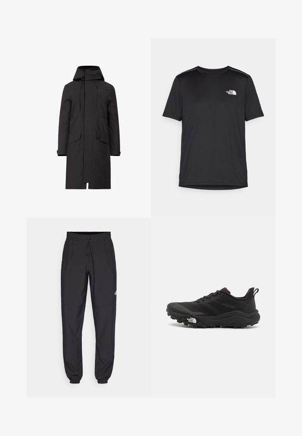 Čierna nepremokavá parka s kapucňou, so strihom na rovno, dvoma prednými vreckami a nastaviteľnými šnúrkami na krku a spodnom leme.; Čierne tričko s krátkym rukávom vyrobené z ľahkej tkaniny. Obsahuje malé biele logo na ľavej hrudi a jemné akcenty na pleciach.; Čierne športové nohavice vyrobené z ľahkej tkaniny, s elastickým pásom na šnurovanie, bočnými vreckami a zúženými manžetami na členkoch.; Čierne trailové behacie topánky s štruktúrovaným zvrškom, gumovou podrážkou a vystuženou špičkou. Obsahuje polstrovaný golier a úchyt na jednoduché obúvanie.