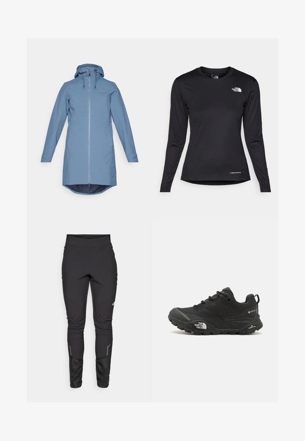 Jachetă impermeabilă albastru deschis, cu fermoar în față, glugă ajustabilă, mâneci lungi și margine curbată. Fabricată dintr-un material neted și ușor.; The North Face SHADOW LONG SLEEVE - Bluză cu mânecă lungă - black; Pantaloni negri de exterior cu un design ajustat, fabrică durabilă, accente reflectorizante și cusături pe panouri pentru mobilitate și confort sporit.; Shoe de drumeții de culoare neagră cu un suprafață texturată, închidere cu șire, și o talpă din cauciuc masivă, având un logo proeminent pe lateral și modele de bandă.
