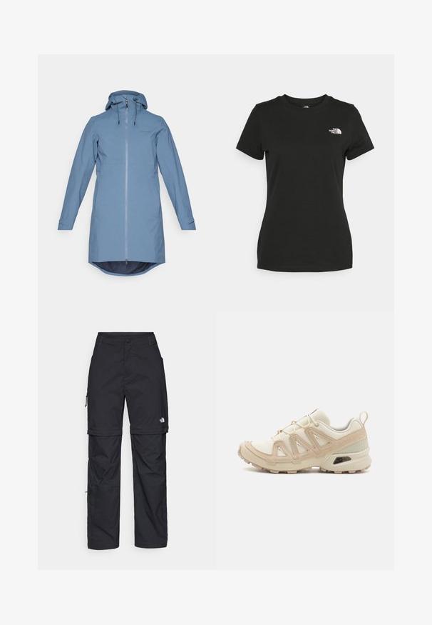 Giacca impermeabile azzurro chiaro con zip frontale, cappuccio regolabile, maniche lunghe e orlo curvo. Realizzata in tessuto liscio e leggero.; T-shirt in cotone nero con collo a giro e maniche corte. Logo bianco ben visibile sulla parte superiore sinistra. Tessuto liscio, vestibilità casual.; Pantaloni cargo in nylon nero con zip rimovibile, polsini regolabili, molteplici tasche e un logo sulla gamba destra. Tessuto liscio e leggero.; Scarpa atletica beige e crema con tomaia in mesh testurizzato, sovrapposizioni supportive e suola in gomma con un motivo a tasselli per la trazione.