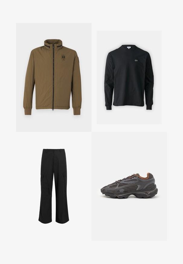 Brown lightweight jacket featuring a high collar, front zipper, and elastic cuffs. Includes a small logo on the chest and side pocket.; Black long-sleeve t-shirt made of cotton, featuring a round neckline and a small green embroidered crocodile logo on the left chest.; Black cargo pants made of lightweight fabric, featuring a relaxed fit, two large side pockets, and a button closure.; Lacoste sneakers in dark gray with mesh and synthetic material, featuring a textured sole and brown accents on the collar and branding.