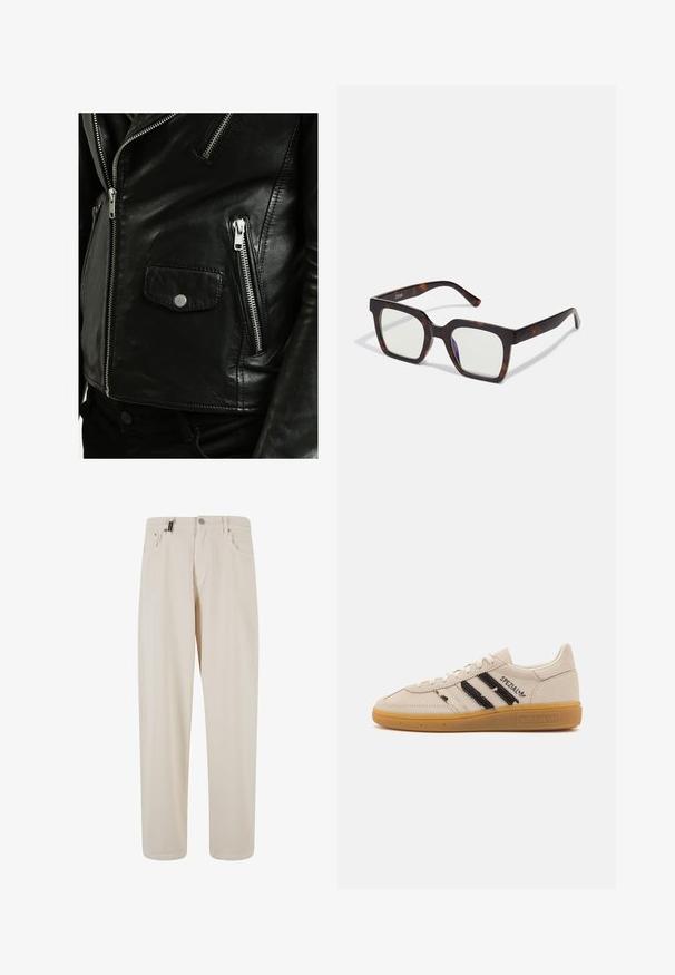 Serge Pariente ROCKY - Kožená bunda - black; Biela košeľa s dlhým rukávom a zapínaním na gombíky, vyrobená z hladkého materiálu. Má klasický golier, predné gombíky a manžety na jeden gombík. Slim fit strih.; Beige bavlnené nohavice so strižom priamych nohavíc, s prednými vreckami a zapínaním na gombík. Hladká textúra s minimálnym zdobením.; Béžové semišové tenisky s čiernymi pruhmi a textom "Spezial", majú textúrovanú gumenú podrážku a klasický šnurovací dizajn.; Štvorcové slnečné okuliare s acetátovým rámom v slonovinovej farbe a priehľadnými šošovkami. Obsahujú široké krajné ramená a matný povrch, čo zvyšuje celkovú odolnosť.