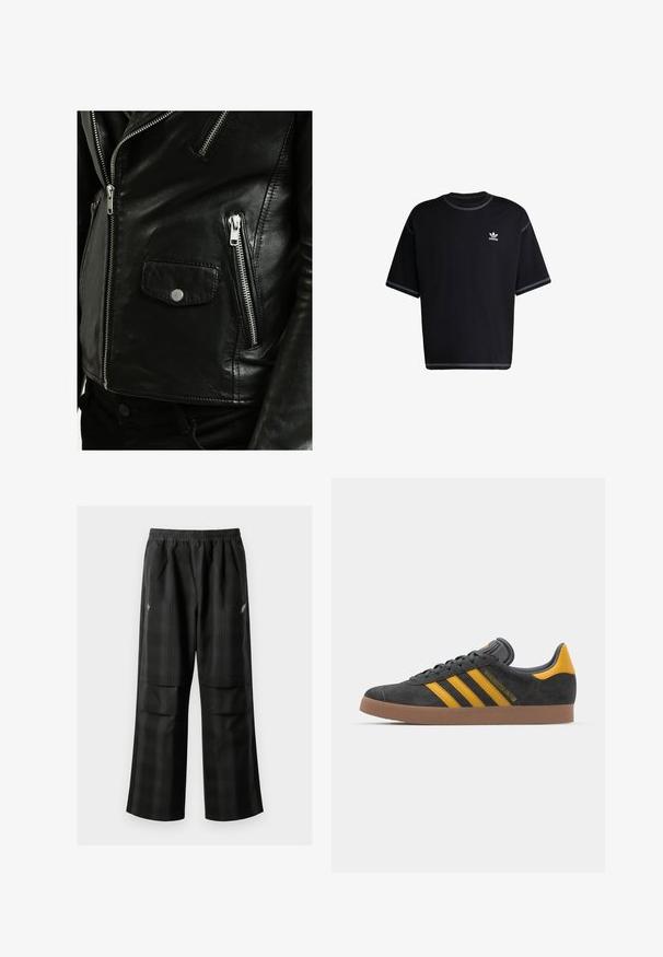 Serge Pariente ROCKY - Skinnjakke - black; Svart bomulls T-skjorte med korte ermer. Har rund hals og hvite sømdetaljer. Liten hvit Adidas-logo på venstre bryst.; Svarte rutete bukser med elastisk midje, to frontlommer og løs passform med rett ben-design. Laget av lett materiale.; Sort skinnesko i svart semsket skinn med gule detaljer, med tre striper og en brun gummisåle. Inkluderer en polstret tunge for komfort.