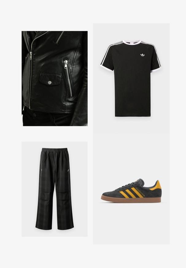 Serge Pariente ROCKY - Leren jas - black; Zwarte T-shirt van katoen met witte accenten. Beschikt over korte mouwen, raglanontwerp en een klein logo op de borst. Drie witte strepen op de schouders.; Zwarte geruite broek met een elastische tailleband, twee voorzakken en een losse pasvorm met een rechte pijpdesign. Gemaakt van lichtgewicht materiaal.; Zwarte suède sneakers met gele accenten, voorzien van drie strepen en een bruine rubberen zool. Inclusief een gevoerde tong voor comfort.