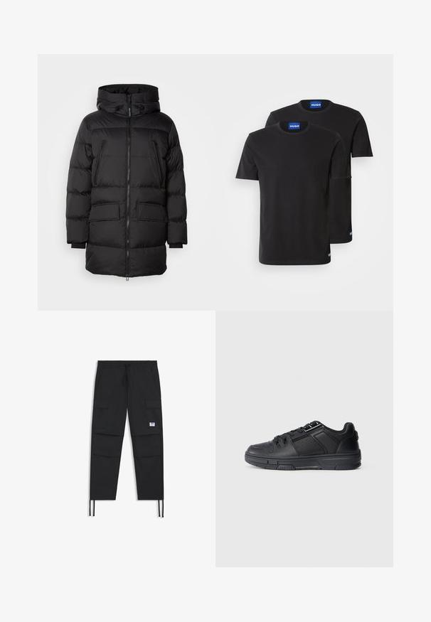 Zwarte pufferjas met een rits aan de voorkant, grote dubbele steekzakken en een capuchon. Voorzien van geribde manchetten en een doorgestikte textuur.; Twee zwarte katoenen T-shirts met ronde hals, korte mouwen en blauwe "HUGO" labels op de kragen en zijsplitten.; Zwarte cargobroek met een trekkoord in de taille, meerdere zakken, elastische manchetten en een subtiele logo patch. Gemaakt van lichte stof.; Zwarte sport schoen met een gladleren bovenwerk, textuuraccenten, geperforeerde details en een rubberen zool met een vlak profiel.