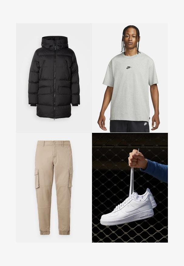 Melna pūkaina jaka ar rāvējslēdzēju priekšpusē, lielām divām priekšējām kabatām un kapuci. Raksturota ar ribām piedurknēs un rūtainu tekstūru.; Jaunietis ar pītām matēm, kas valkā gaiši pelēku Nike T-kreklu un melnas Nike šortus uz vienkārša balta fona.; Bežīgas cargo bikses izgatavotas no viegla kokvilnas materiāla. Tām ir elastīgas aproces, vairākas sānu kabatas un pogu aizdare.; Baltas ādas sporta apavi ar perforācijām, apaļu purngali, plakanu zoli un biezām šņorēm, ar redzamu swoosh logo un vārdu "AIR" uz papēža.