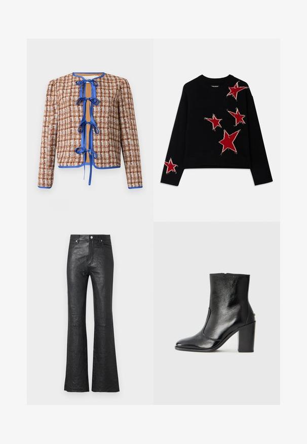 Woven jacket in brown and white with blue trim. Features a round neckline and front ties, showcasing a textured pattern throughout.; Black knitted sweater with a crew neckline, featuring multiple red star motifs with frayed edges on the front and one sleeve.; Black leather flared pants featuring a crinkled texture, high waist, front pockets, and a classic button closure with zip fly.; Black leather ankle boot with a smooth texture, pointed toe, and a chunky high heel. Features a side opening and minimalistic design.