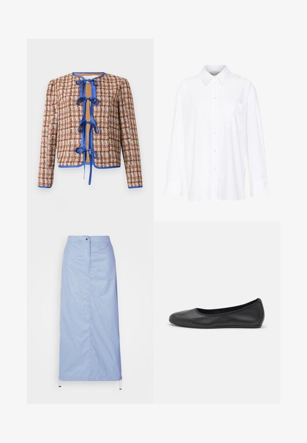 Tkaná bunda v hnedej a bielej farbe s modrými detailami. Má okrúhly výstrih a predné viazanie, pričom celkové spracovanie zdobí textúrovaný vzor.; Biela košeľa s dlhým rukávom a golierom vyrobená z bavlny. Má zapínanie na gombíky vpredu a jednu náprsníku vrecko. Hladká textúra, voľný strih.; Svetlomodrá, sukňa strednej dĺžky vyrobená z hladkého, ľahkého materiálu so širším strihom, s predným zapínaním na gombíky a šnúrkovým lemom.; Čierne kožené baleríny s okrúhlou špičkou, hladkým povrchom, minimálnym prešívaním a flexibilným dizajnom podrážky.