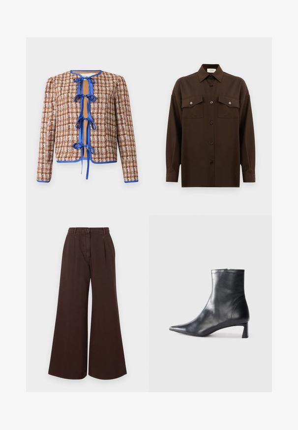 Kudottu takki ruskeassa ja valkoisessa sävyssä, jossa on siniset yksityiskohdat. Takissa on pyöreä pääntie ja edessä nauhat, jotka korostavat teksturoitua kuviota.; Tumma ruskea pitkähihainen napitettava paita, jossa on kaksi läpällistä rintataskua ja klassinen kaulus, esiteltynä yksinkertaista valkoista taustaa vasten.; Korkeavyötäröiset, leveälahkeiset ruskeat housut, joissa on nappi- ja vetoketjukiinnitys, vyölenkit ja etupuolen laskostus.; Musta nahkainen nilkkabotti, jossa on teräväkärkinen muotoilu ja tyylikäs design. Varusteena matala korko ja takana vetoketjukiinnitys. Sileä pinta.