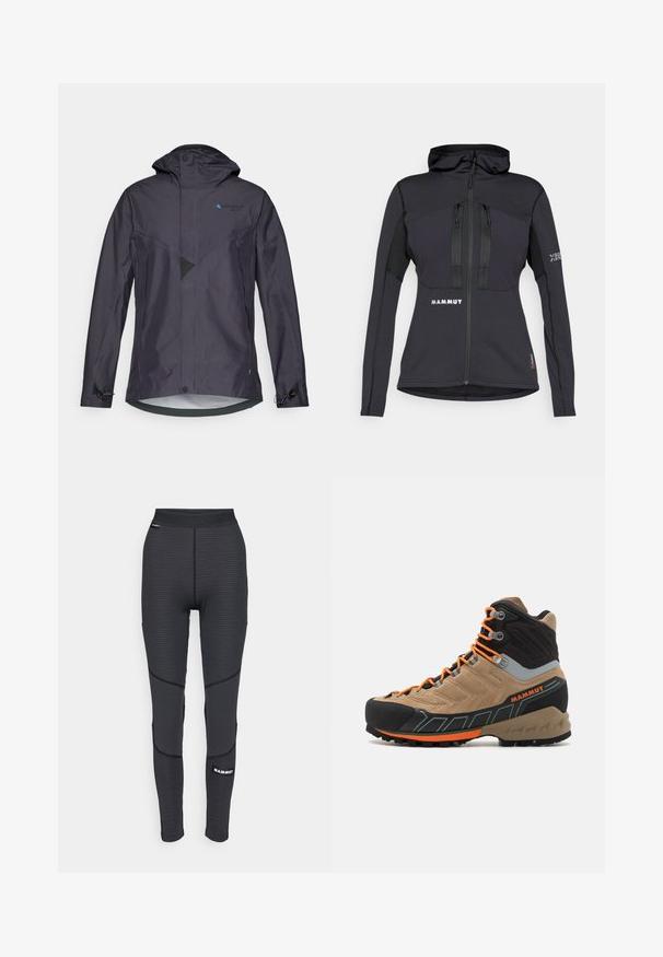 Waterdichte donkergrijze jas met een capuchon, met een hoekig design, een mesh-detail, verstelbare manchetten en een blauw logo op de borst.; Zwarte sportieve jas met capuchon, voorzien van ritszakken en een gemêleerd paneel op de mouwen. Logo op de voorkant en op de mouw. Materiaal ontworpen voor flexibiliteit.; Zwart mouwloos shirt met een textuurpatroon, voorzien van een ronde halslijn en een "MAMMUT" logo op de voorkant. Gemaakt van ademend materiaal.; Zwarte sportleggings met textuurpanelen en verstevigde stiksels, voorzien van een merkelogo en een brede, elastische tailleband.; Beige en zwarte hoge wandelschoen met oranje veters, rubberen neusstuk, gestructureerde bovenkant en robuuste zool. Heeft versterkte enkelondersteuning.