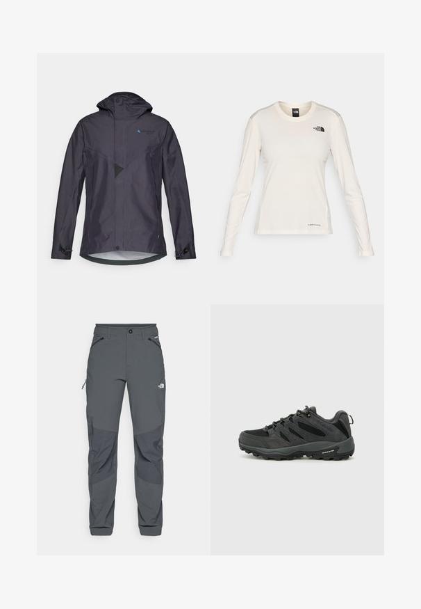 Vandafvisende jakke i mørkegrå med hætte, som har et vinklet design, mesh-detaljer, justerbare ærmer og et blåt logo på brystet.; The North Face SHADOW LONG SLEEVE - Langærmet T-shirt - white dune; Mørkegrå udendørsbukser med forstærkede knælapper, lynlåslommer på siden og fronten, knaplukning og The North Face-logo på låret.; Columbia REDMOND - Hikingsko - black/citron haze