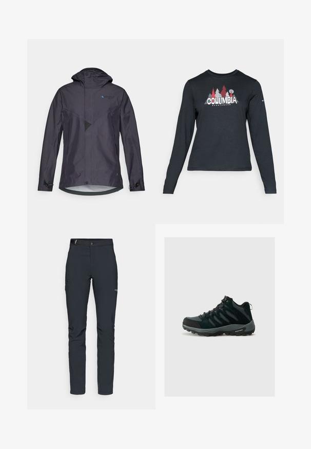 Wodoodporna ciemnoszara kurtka z kapturem, o kanciastym fasonie, z siateczkowym detalem, regulowanymi mankietami oraz niebieskim logo na piersi.; Długie rękawy, ciemnoszara koszula z grafiką czerwonych drzew i gór; logo "COLUMBIA" w wyraźnym białym tekście. Miękka tkanina, standardowy okrągły dekolt.; Męskie spodnie outdoorowe, ciemnoszare, wykonane z elastycznego materiału, z paskiem, kieszeniami na zamek oraz wzmocnionymi szwami.; Columbia REDMOND czarny