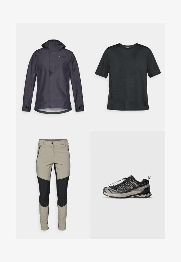 Giacca impermeabile grigia scura con cappuccio, caratterizzata da un design angolare, un dettaglio in rete, polsini regolabili e un logo blu sul petto.; Maglietta atletica nera a maniche corte realizzata in tessuto leggero e traspirante. Presenta un colletto rotondo e un piccolo logo sul petto.; Pantaloni leggeri e traspiranti in beige e nero con un design aderente, cerniere laterali e pannelli a contrasto sulle ginocchia.; Scarpa sportiva nera e grigia con tomaia in rete, suola in gomma e sistema di lacci elastici. Presenta una punta rinforzata e dettagli testurizzati.