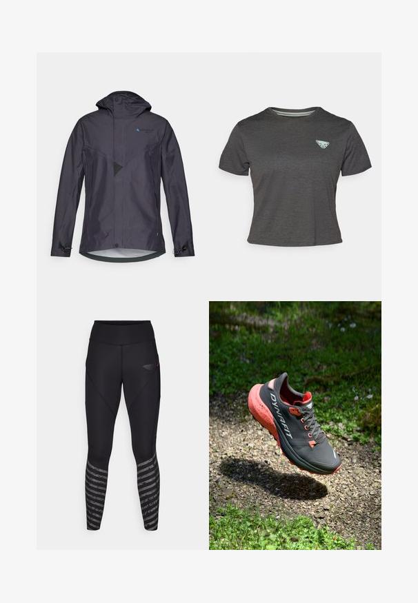 Vandafvisende jakke i mørkegrå med hætte, som har et vinklet design, mesh-detaljer, justerbare ærmer og et blåt logo på brystet.; Grå kortærmet t-shirt lavet af tekstureret stof. Har et trekantet lysegrønt logo på venstre brystområde. Klassisk rund halsudskæring.; Dynafit TRAIL REFLECTIVE - Tights - black out; Sort og orange løbesko med en struktureret overdel, letvægtsdesign og en tykk specklet sål, suspenderet over en grusoverflade.