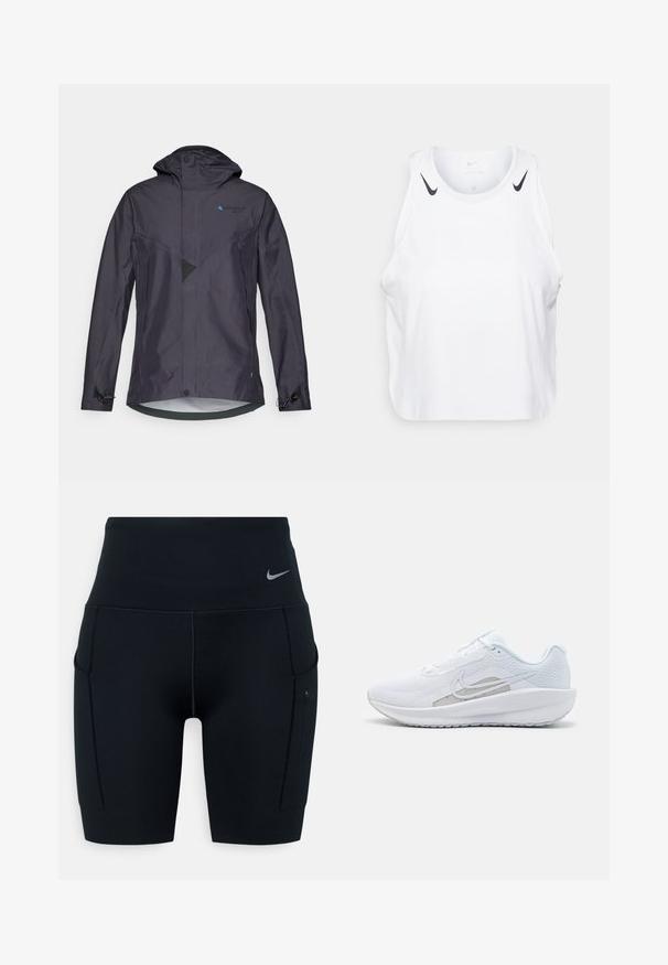 Chaqueta impermeable gris oscuro con capucha, con un diseño angular, un detalle de malla, puños ajustables y un logotipo azul en el pecho.; Top sin mangas blanco de tela ligera, con detalles del logo negro de Nike en los hombros, escote redondo y ajuste holgado.; Shorts deportivos negros de talle alto hechos de material elástico; cuentan con bolsillos laterales y un pequeño logotipo de Nike en la cinturilla.; Zapatilla deportiva blanca con parte superior de malla, punta redondeada y suela texturizada. Presenta un swoosh de Nike plateado y un diseño minimalista.