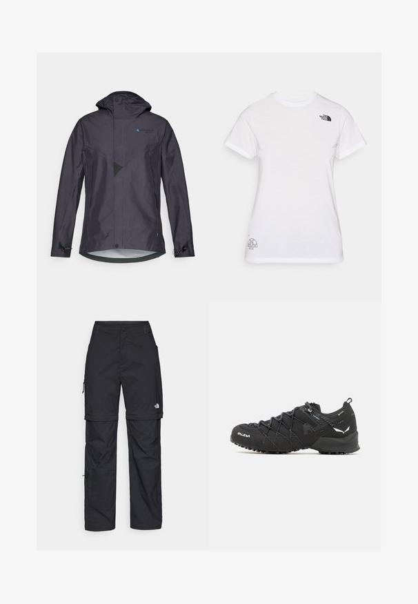 Vodotěsná tmavě šedá bunda s kapucí, obsahující úhlový design, síťkový detail, nastavitelné manžety a modré logo na hrudi.; Bílý bavlněný tričko s černým logem na levé straně hrudi a šedým grafickým designem v pravém dolním rohu. Klasický crew neck a krátké rukávy.; Černé nylonové cargo kalhoty na zip s nastavitelnými manžetami, několika kapsami a logem na pravé noze. Hladká, lehká textura.; Černé turistické boty s texturovaným tkaninovým svrškem, šněrovacím systémem a robustní gumovou podrážkou. Ozdobené reflexními detaily a logy.