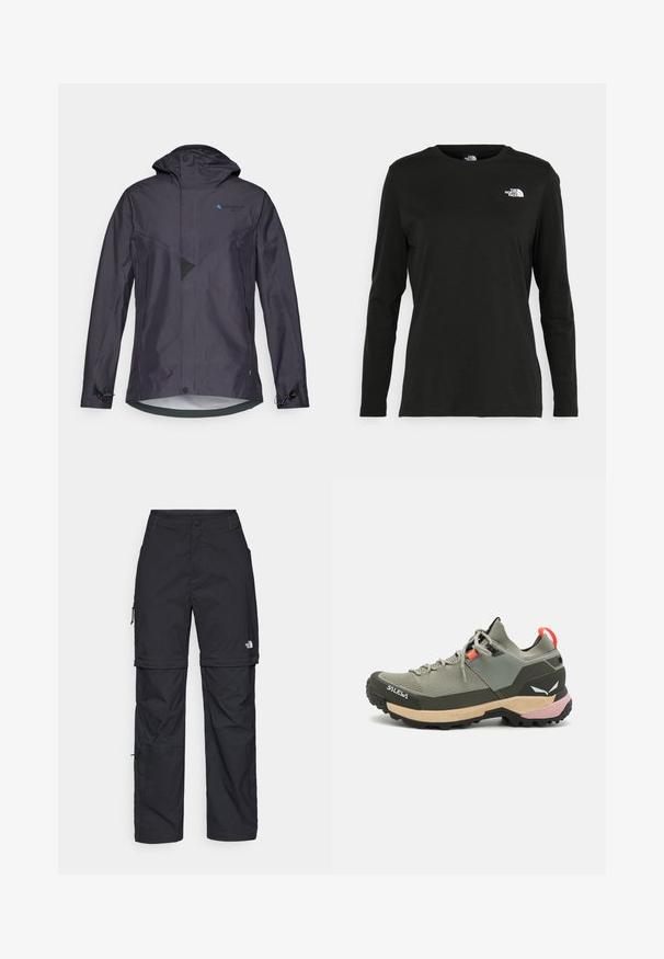 Vedenä kestävä tummanharmaa takki hupulla, jossa on kulmikas muotoilu, verkkoyksityiskohta, säädettävät hihansuut ja sininen logo rinnassa.; Musta pitkähihaisen t-paita, joka on valmistettu puuvillasta ja jossa on pyöreä kaula-aukko. Vasemmassa rinnassa on pieni valkoinen logo. Yksinkertainen muotoilu ja istuvuus.; Mustat nailonista valmistetut irrotettavat cargo-housut säädettävillä lahkeilla, useilla taskuilla ja logolla oikeassa jalassa. Liukas, kevyt rakenne.; Kevyt vihreä vaelluskengä, joka on valmistettu verkko- ja kumimateriaaleista, musta pitoalusta, vaaleanpunaiset ja oranssit yksityiskohdat sekä vahvistettu varvastoppa.