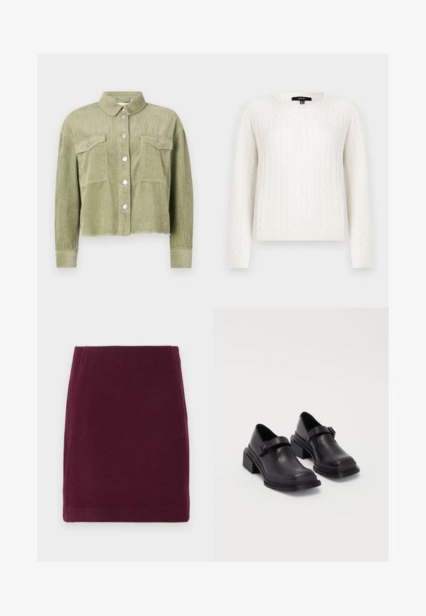 Green corduroy shirt jacket with a textured, ribbed design, two chest pockets, and silver-buttoned front closure. Cropped fit, with a frayed hem.; White cable-knit sweater featuring long sleeves, a round neckline, and a decorative pearl accent at the collar. Soft texture and fitted design.; Vero Moda VMFORTUNALLISON SHORT - A-line skirt - winetasting; Black leather shoes with a rounded toe, flat sole, and a strap with a buckle detail. Chunky block heel for added stability.