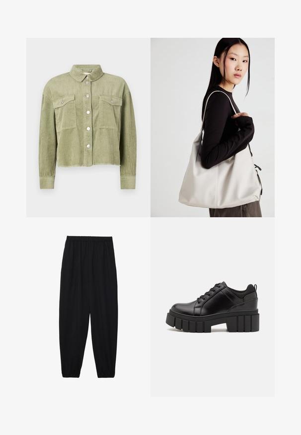 Zelena kordna majica-jakna z teksturiranim, rebrastim dizajnom, dvema žepoma na prsih in sprednjim zapiranjem s srebrnimi gumbi. Skrčena silhueta, s raztrganim robom.; Črne in bele majice, okrogli vrat, kratki rokavi. Črna majica ima richelieu vezenje sonca v rumeni barvi; bela ima vijolični naglavni mesec.; Črne, lahke hlače z elastičnim pasom in nabranimi gležnji. Tkanina je gladka in ima sproščen, taperiran dizajn.; Črne usnjene platforme z debelim blokastim petam, okroglo konico in klasičnim vezanjem. Imajo gladko teksturo in minimalne podrobnosti.; Bežna torbica iz mehkega materiala, z ohlapno zasnovo, šivi in dvema naramnicama. Primerna za vsakodnevno uporabo.
