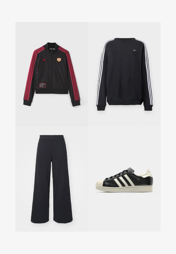 Casaco preto com fecho éclair e riscas vermelhas a correr pelas mangas, logotipo bordado no peito e um emblema na parte inferior esquerda. Tecido suave.; Sweatshirt preta de manga comprida, com riscas brancas a correr ao longo de cada braço e um pequeno logótipo cinza no peito. Material de algodão, corte casual.; Calças de fato largas, pretas, feitas de tecido macio, com uma cintura elástica e um pequeno logótipo do lado esquerdo.; Sapatilha de couro preto com riscas brancas, biqueira de borracha, atacadores pretos e sola na cor creme. Textura suave com acabamento brilhante.