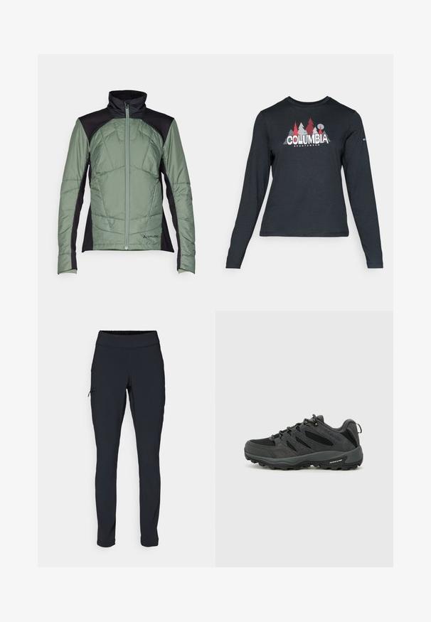 Polsterdatud jakk rohelise esiosa ja mustade õlgadega, millel on kõrge krae, tõmblukk ja tekstureeritud õmblused.; Pikend varrukatega tumehall särk, millel on punaste puude ja mägede graafika; "COLUMBIA" logo julge valge tekstiga. Pehme kangas, tavaline ümmargune kaelus.; Mustad mustad sportpüksid kitsaste lõikega, elastse vöökoha ja küljetaskuga, millel on tõmblukk. Sile, veniv kangas minimaalsete õmblustega.; Columbia REDMOND - Matkajalatsid - black/citron haze