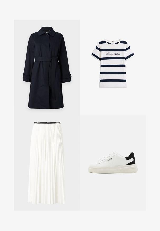 Granatowy płaszcz trench z gładkiej tkaniny, z paskiem w talii, kieszeniami z klapami oraz klasycznym kołnierzem z guzikami.; Bawełniana koszulka z poziomymi granatowymi paskami na białym tle. "Tommy Hilfiger" wyszyte kursywą na klatce piersiowej. Okrągły dekolt.; Plisowana biała spódnica z czarnym elastycznym pasem z logo "LACOSTE". Średniej długości, o miękkiej teksturze.; Białe skórzane sneakersy z grubą białą podeszwą, czarnym zamszowym akcentem na pięcie oraz wytłoczonym logotypem z boku. Projekt z sznurówkami i sześcioma dziurkami.