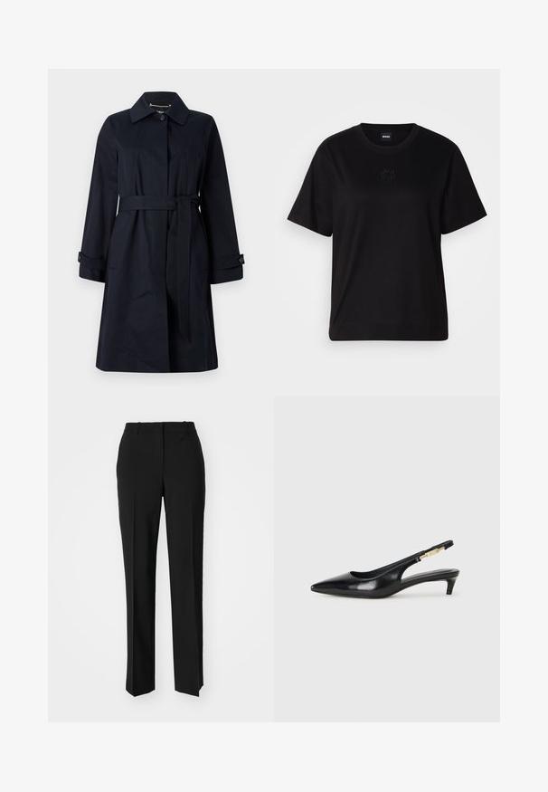 Trench coat azul marinho feito de tecido suave, com cintura cintada, bolsos com aba e colarinho clássico com detalhes em botão.; T-shirt de algodão preto com decote redondo, mangas curtas e um logótipo bordado no peito. Corte simples e descontraído, sem padrões.; Calças pretas de corte ajustado com um design de perna reta, apresentando uma textura lisa e pregas bem definidas na frente. Sem hardware visível.; Saltos slingback em couro preto com bico fino, apresentando um salto esguio e um detalhe em tom dourado na alça ajustável. Textura suave.