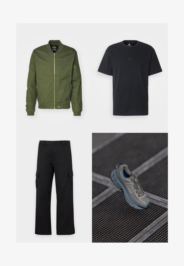 Oliwkowa bomberka z zamkiem z przodu, ściągaczami u dołu rękawów i u dołu kurtki. Posiada zamkniętą kieszeń na lewym rękawie oraz naszywkę z logo na wysokości pasa.; Czarny bawełniany t-shirt Nike z klasycznym okrągłym dekoltem, krótkimi rękawami oraz subtelnym, wytłoczonym logo na piersi. Gładka tekstura.; Czarne spodnie cargo o prostym kroju. Wykonane z trwałej tkaniny, posiadają dwie boczne kieszenie z klapkami oraz zapięcie na guzik.; Beżowe i szare buty sportowe z teksturowaną siateczką, okrągłym noskiem i gumową podeszwą, z sznurówkami i wyściełanym kołnierzem.
