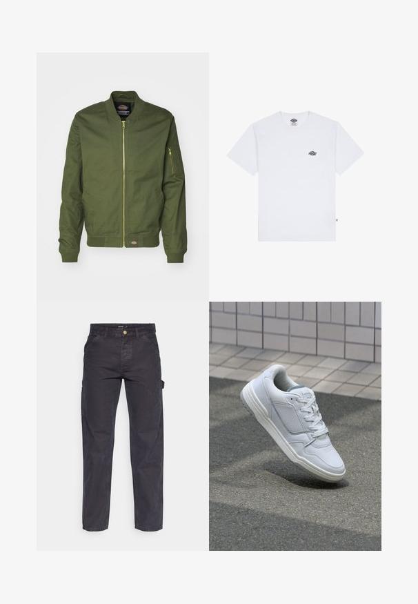 Maslinasto zeleni bomber kaput s patentnim zatvaračem sprijeda, rebrastim manžetama i donjim dijelom. Ima Zip džep na lijevom rukavu i logo oznaku na struku.; Bijela pamučna majica s kratkim rukavima, koja ima mali crni logotip na prsima i oznaku u donjem lijevom kutu.; Tamno sivi cargo hlače od izdržljivog materijala, s ravnim krojem, pet džepova i kopčanjem na dugme u struku.; Bijele kožne tenisice s perforiranim bočnim dijelovima, teksturiranim akcentima, ravnim vezicama i kontrastnim sivim petom. Imaju blago povišenu potplat.