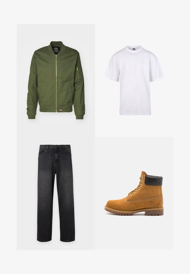 Olīvu zaļa bumbere ar rāvējslēdzēju priekšā, ribotām aprocēm un apakšmalu. Iekļautas rāvējslēdzēja kabatas kreisajā piedurknē un logotipa uzplecs jostas vietā.; Balts kokvilnas T-krekls ar apaļu kakla izgriezumu, īsām piedurknēm un brīvu piegriezumu. Tam ir vienkāršs dizains bez rakstiem vai akcentiem.; Tumši pelēki džinsi ar taisnu kāju dizainu, ar rāvējslēdzēja aizdari, piecām kabatām un smalkiem izbalējumu elementiem uz auduma.; Brūna zamša potīte ar melnu izšuvumu ap kaklu, zelta metāla acu caurumi, balta šuvju apdare un izturīgs gumijas zole ar izteiktu zīmējumu.