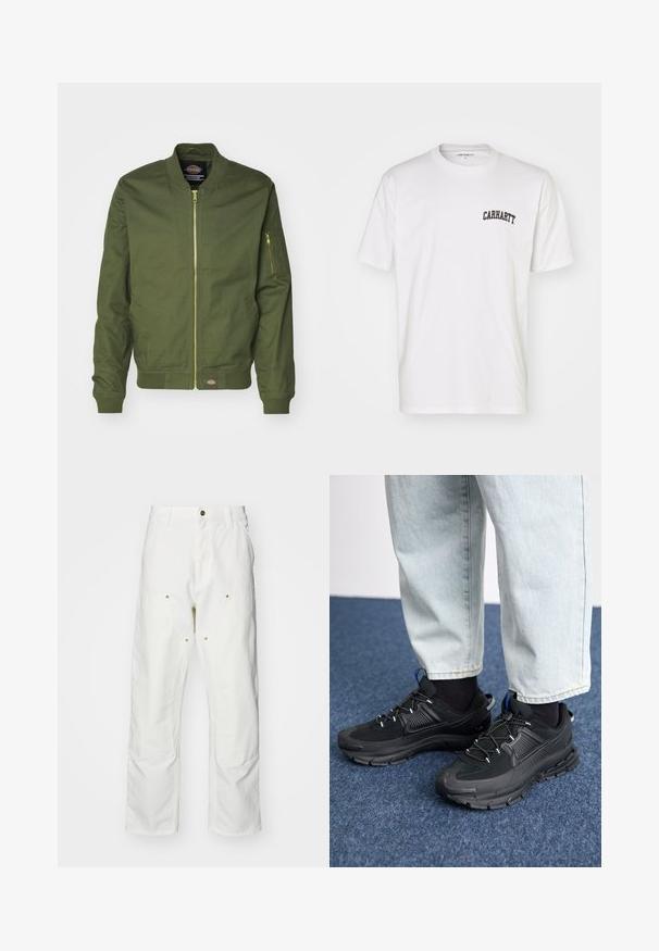 Olive green bomber jacket with a zip front, ribbed cuffs, and hem. Features a zip pocket on the left sleeve and logo patch at the waist.; White cotton t-shirt with short sleeves and a crew neckline. Features a black "Carhartt" logo printed on the upper left chest area.; White cotton cargo pants with a relaxed fit. Features include front pockets, gold hardware accents, and reinforced knee sections.; Black athletic shoes with textured fabric and rubber soles, featuring elastic laces and a blue accent on the heel. Worn with light denim pants.