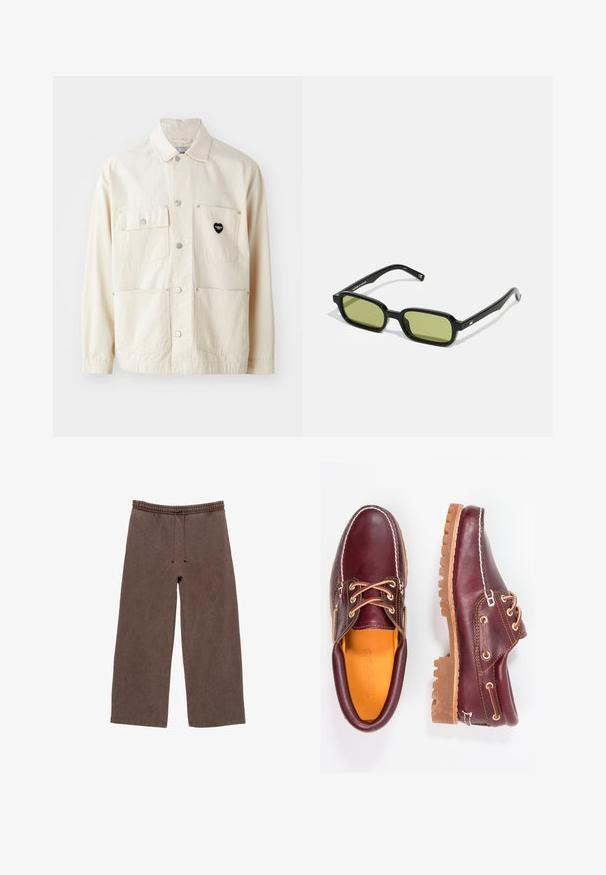 Lys beige bomuldsjakke med knaplukning foran, to brystlommer og to nederste lommer. Udstyret med sølvhardware og et sort hjerte-logo.; Brun ribbet cardigan med kraveudskæring, to brystlommer og knaplukning foran. Blød tekstur med en afslappet pasform.; Brune bomulds-sweatpants med elastisk talje, justerbar snøre, brede ben og minimal syning detaljer.; Bordeaux lædersko med brune gummisåler, rund tå, hvid syning og gyldne snøringer. Indersiden har et gult for.; Sorte solbriller med et vinklet design, grønne tonede linser og glatte plastikrammer. Har guld detaljer på stængerne.