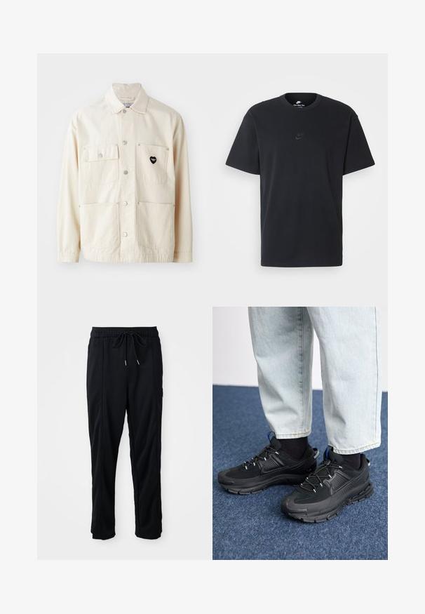 Šviesiai kreminės medvilnės striukė su sagų užsegimu, dviem krūtinės kišenėmis ir dviem apatinėmis kišenėmis. Pabrėžia sidabrinius aksesuarus ir juodą širdies logotipą.; Juodas medvilninis Nike marškinėliai su klasikinėmis apykaklėmis, trumpomis rankovėmis ir subtiliu, įspaustu logotipu ant krūtinės. Sklandus tekstūra.; Juodos laisvos kelnės su raišteliu liemens, šoninėmis kišenėmis ir tiesiu kirpimu ant vienodos fono.; Juodi sportiniai bateliai su tekstūruota medžiaga ir guminiais padais, su elastingomis raišteliais ir mėlynu akcentu ant kulno. Dėvimi su šviesiai mėlynomis džinsinėmis kelnėmis.